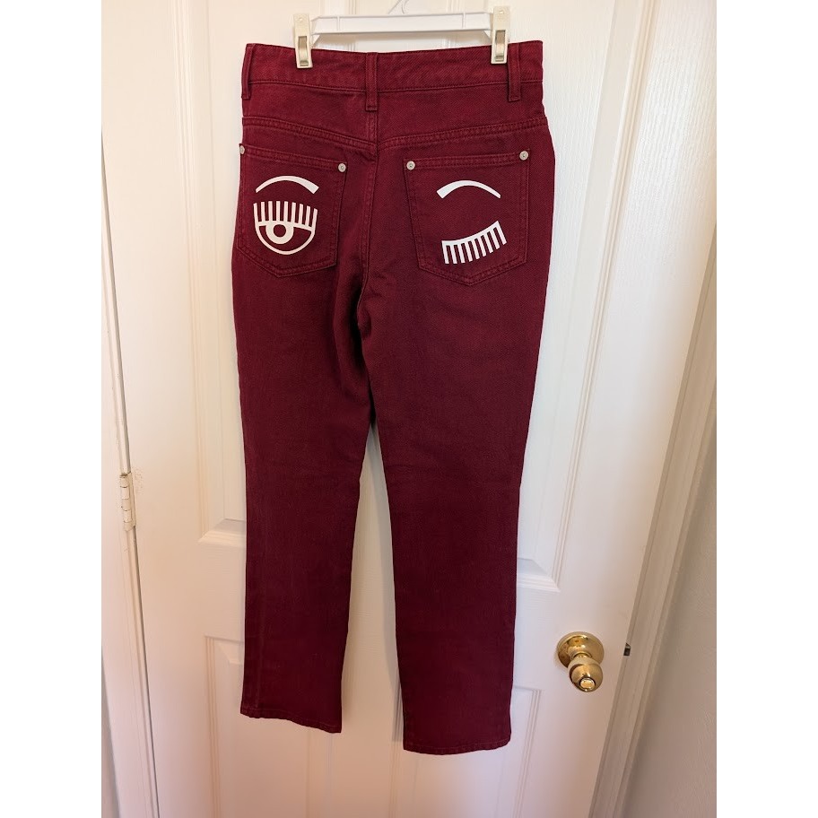 Chiara Ferragni Women's Burgundy Eye Appliqu High Waisted Jeans Size S